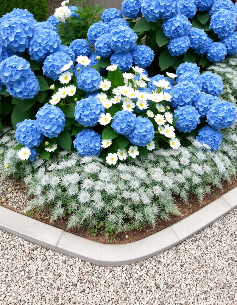 a garden scene with blue flowers