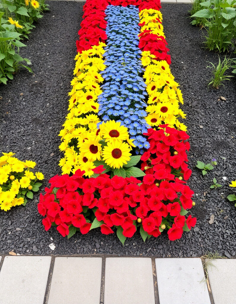 A structured modern garden with grouped red geraniums, bright yellow sunflowers, and bold blue cornflowers.