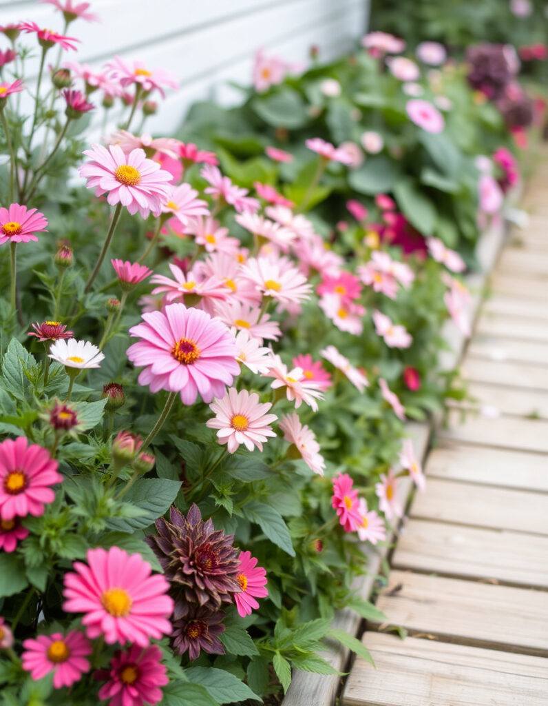 A gentle garden setting with layered pink flowers.
