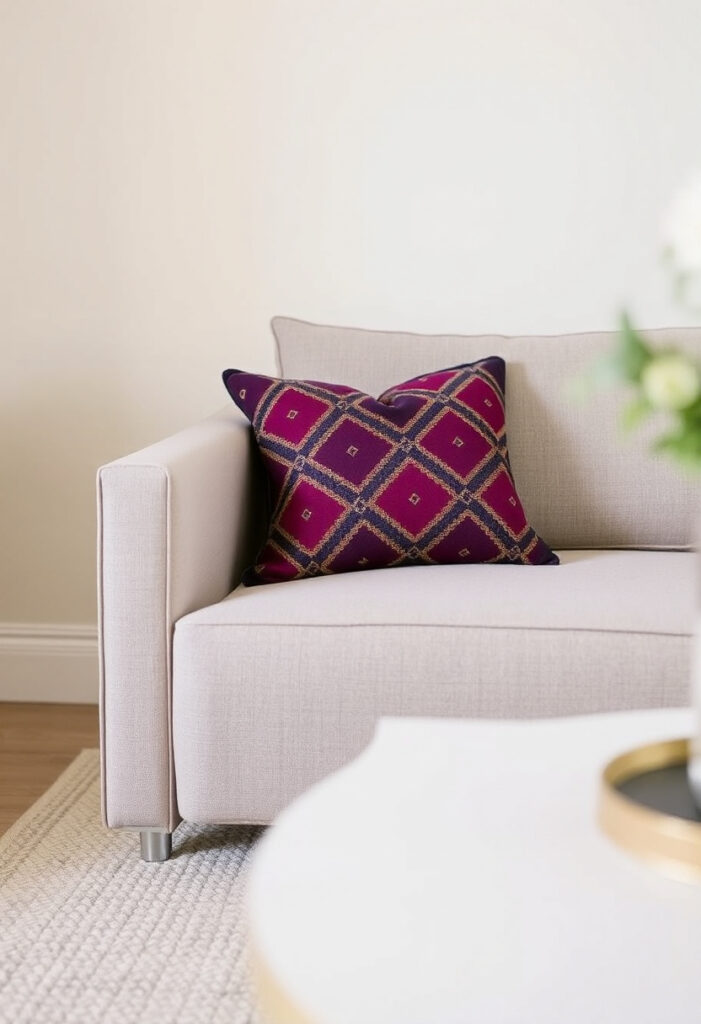 A living room with a neutral sofa and a single cushion in a geometric pattern with deep magenta.