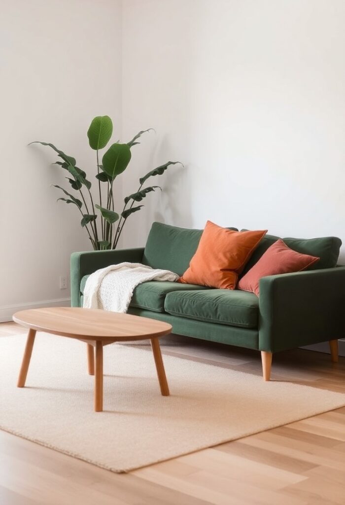 earth-toned living room with a forest green sofa, terracotta cushion, and a small wood coffee table.