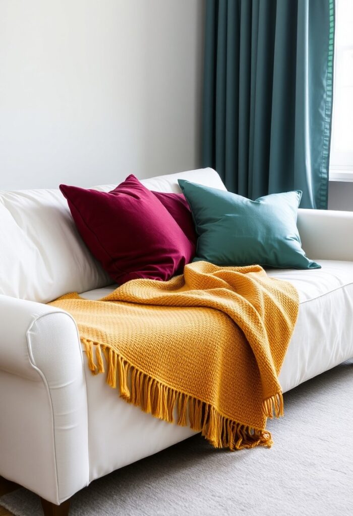 living room with a white linen sofa covered in textile layers.