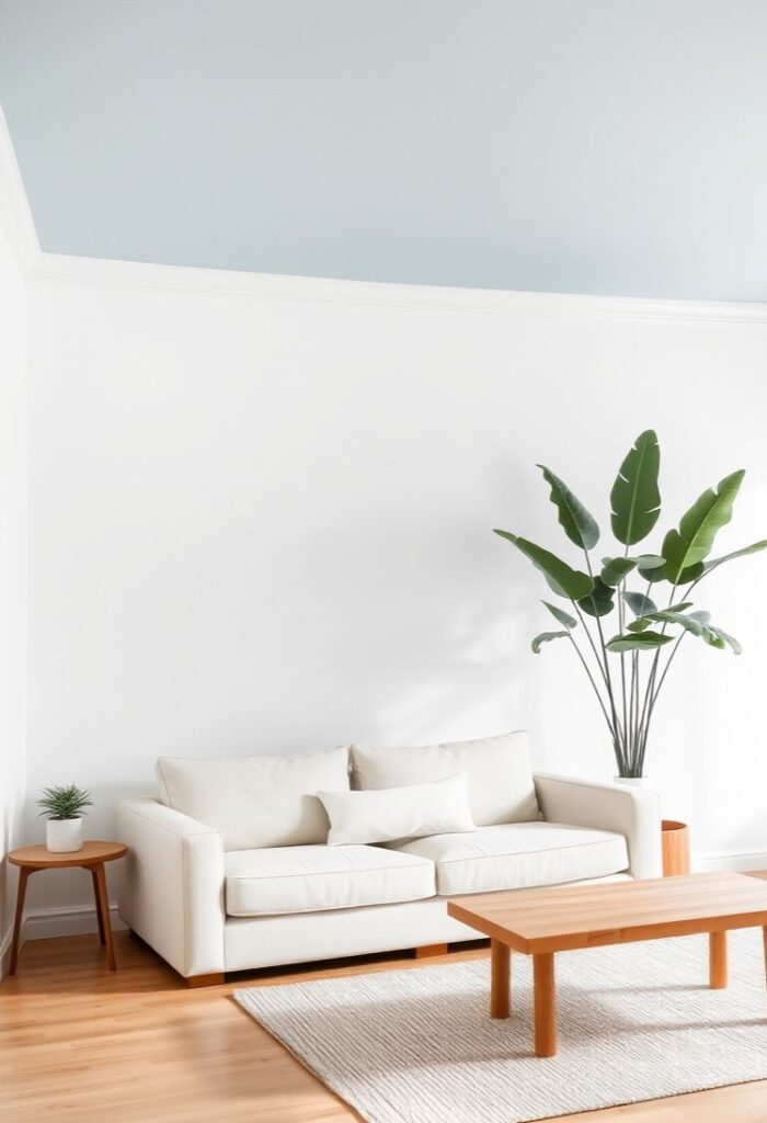 A living room with a smooth sky blue ceiling.