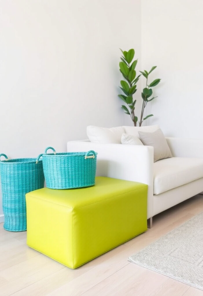 living space featuring a set of lime green ottoman cubes and turquoise woven baskets.