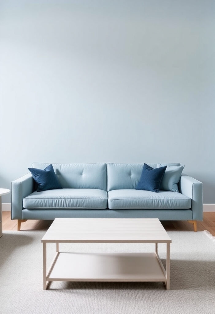 a living room styled in layered blue tones.