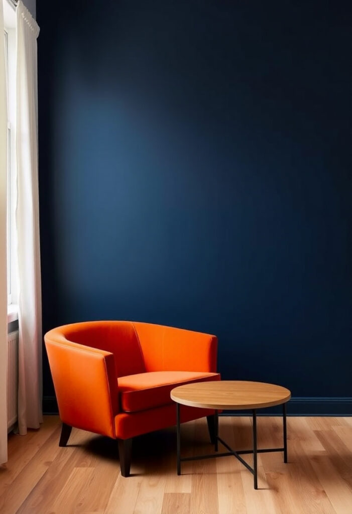 A room with a burnt orange armchair set against a deep navy wall.