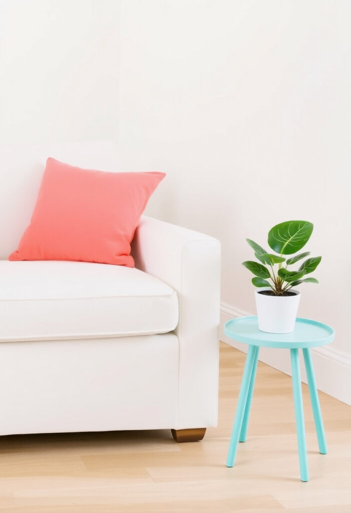 A room with a white sofa and a few tropical accents.