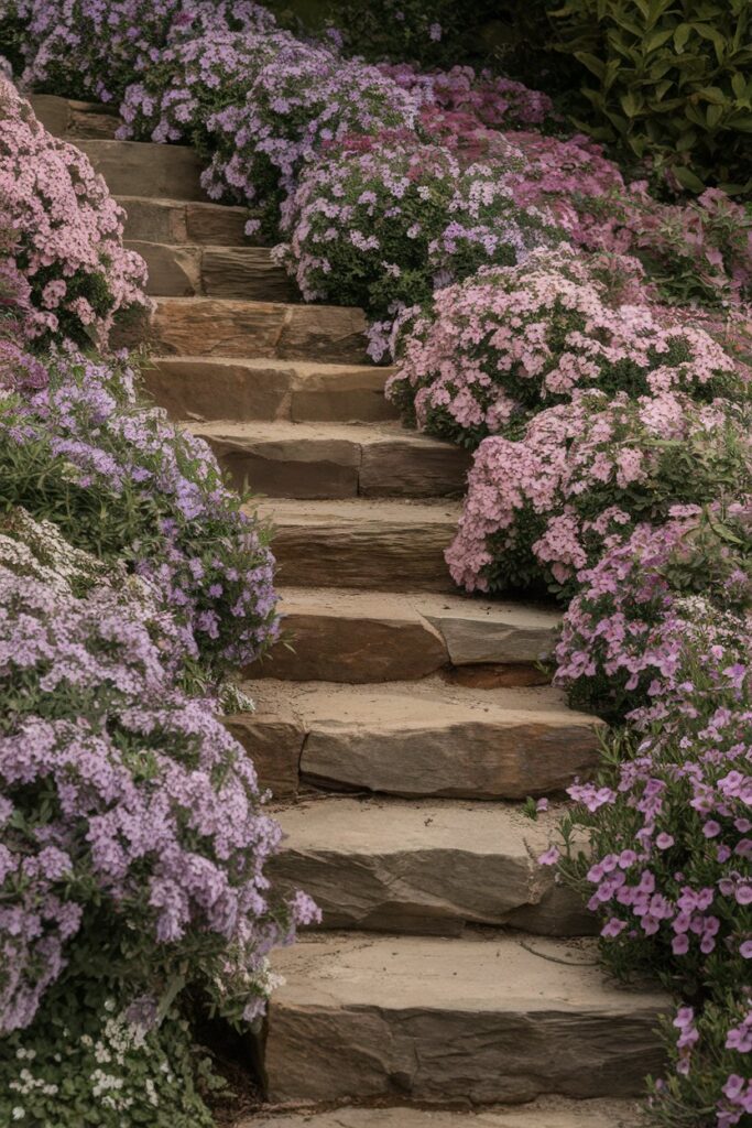 Stone steps embedded into a flower bed.
