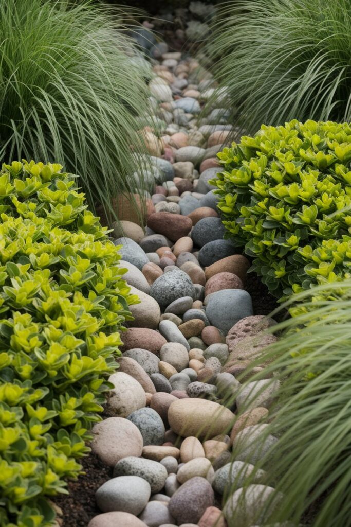 A flower bed with a winding dry creek bed of mixed-size river rocks. 