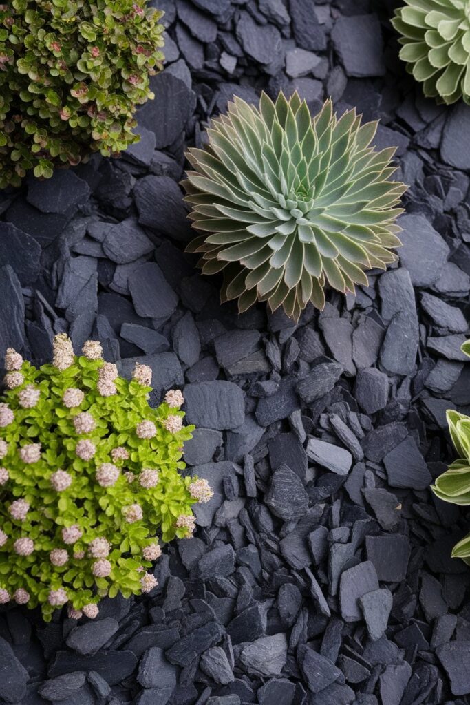A front flower bed with dark purple slate chips as mulch.
