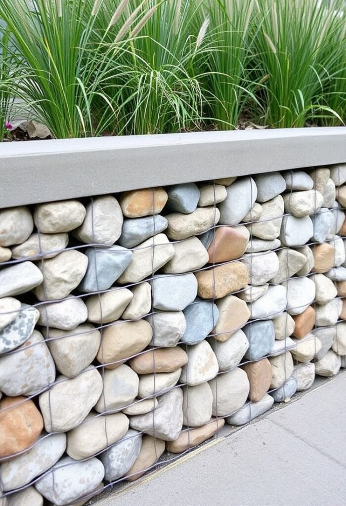 A gabion wall filled with local river rocks frames a linear front flower bed.