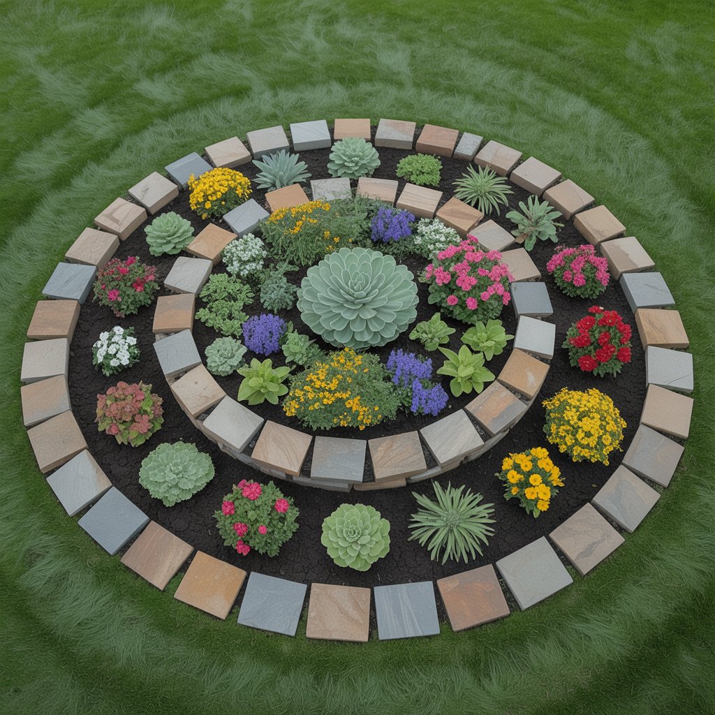 A circular flower bed with a border made of fieldstones.