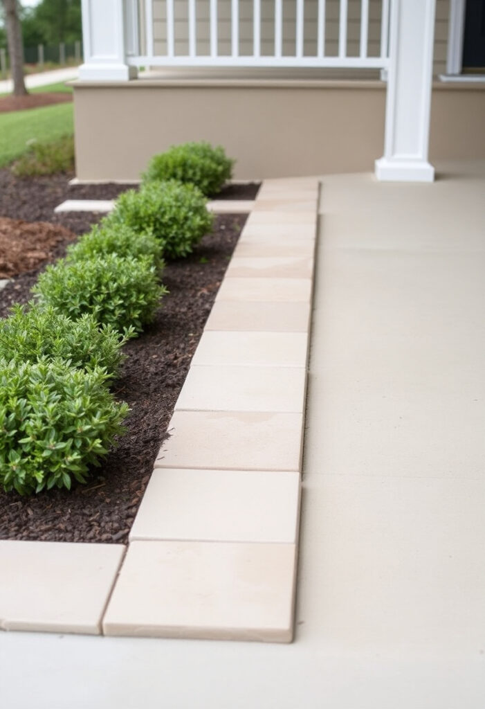 light-toned sandstone slabs forming edges along a straight flower bed beside a walkway.