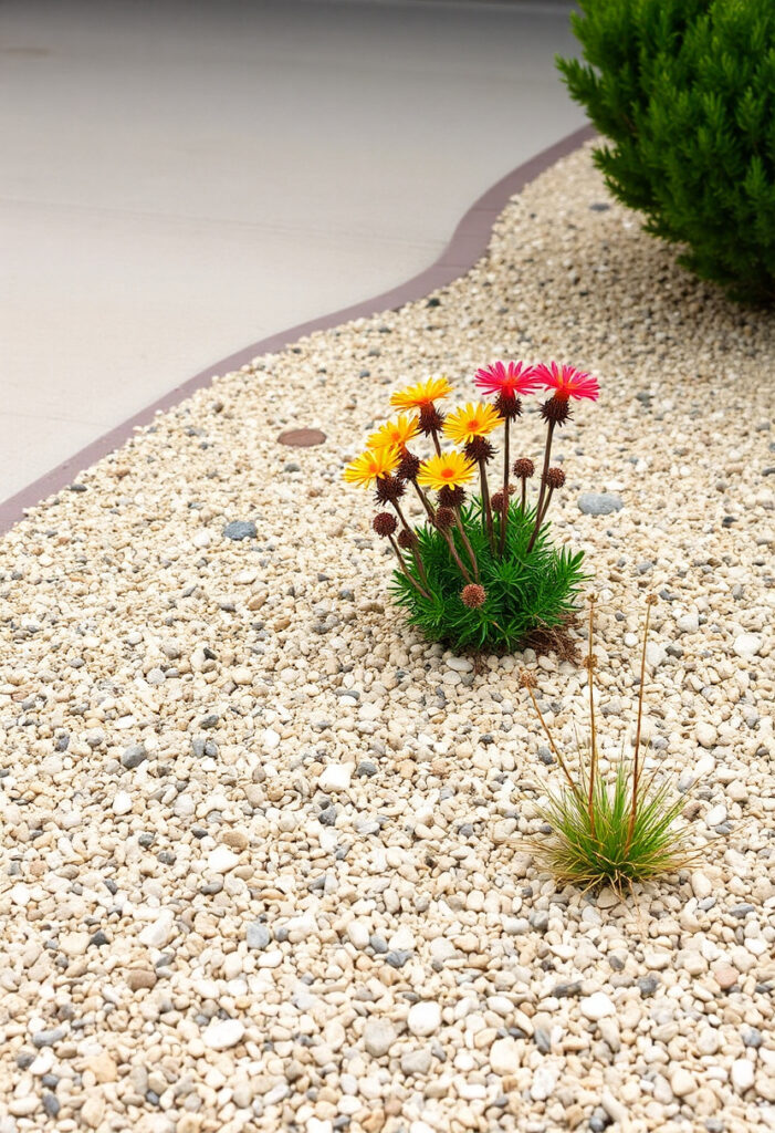 Decomposed granite fills the surface of a minimalist front flower bed.