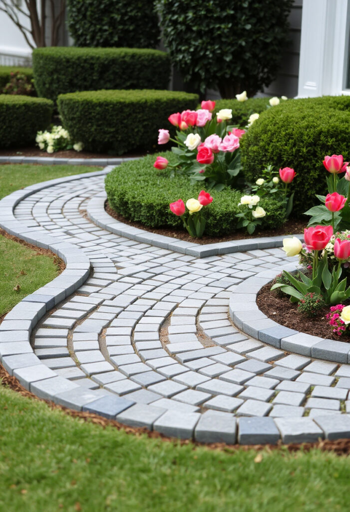 a landscaped front flower bed with curved cobblestone borders.