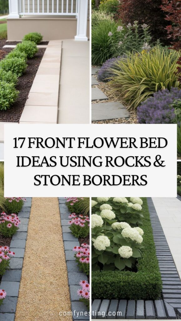 17 front flower bed ideas using rocks and stone borders.