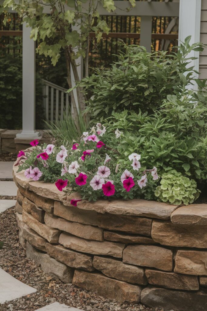 A raised flower bed built with stacked stones.