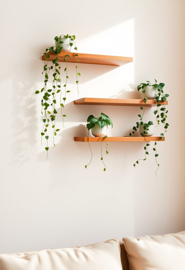 a wall with three staggered floating wooden shelves.