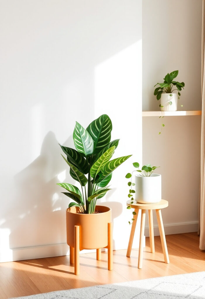 A minimalist room corner featuring three houseplants.
