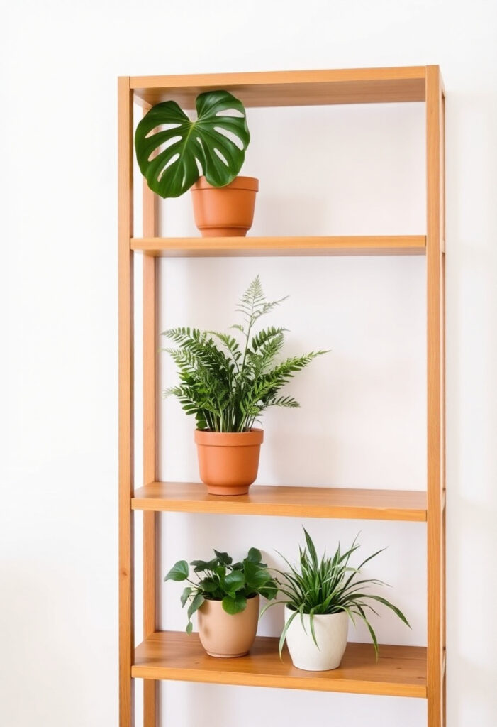 a shelving unit in a warm wood finish styled with three plants.