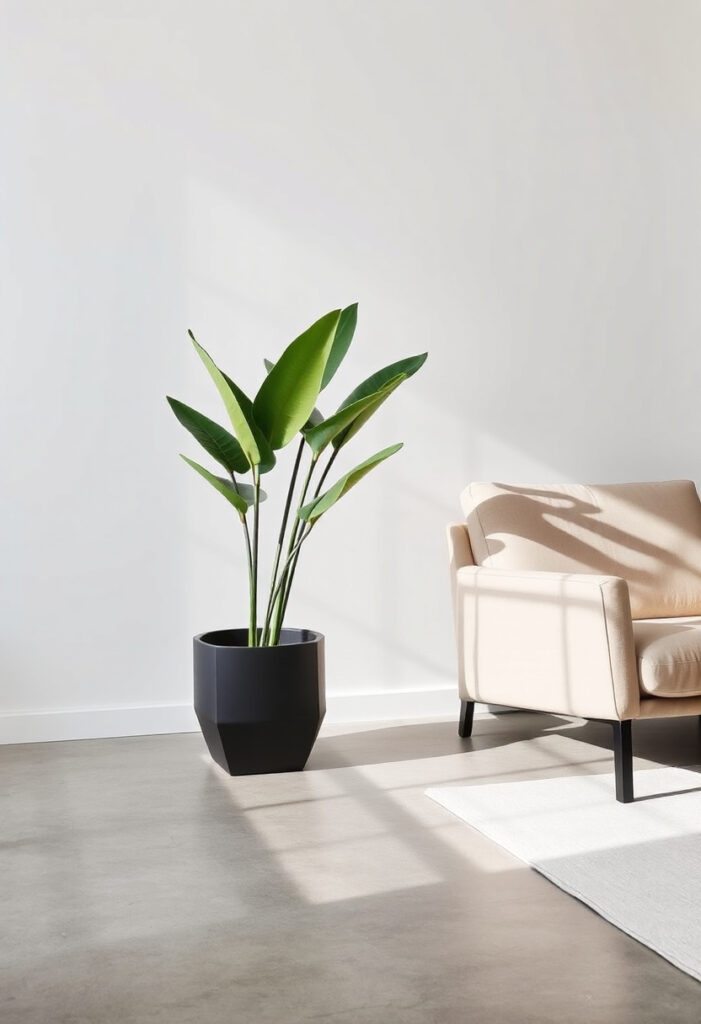 A minimalist living room scene with a single large indoor plant.