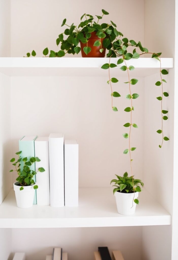 A white bookshelf with blank books arranged and interspersed with small potted plants