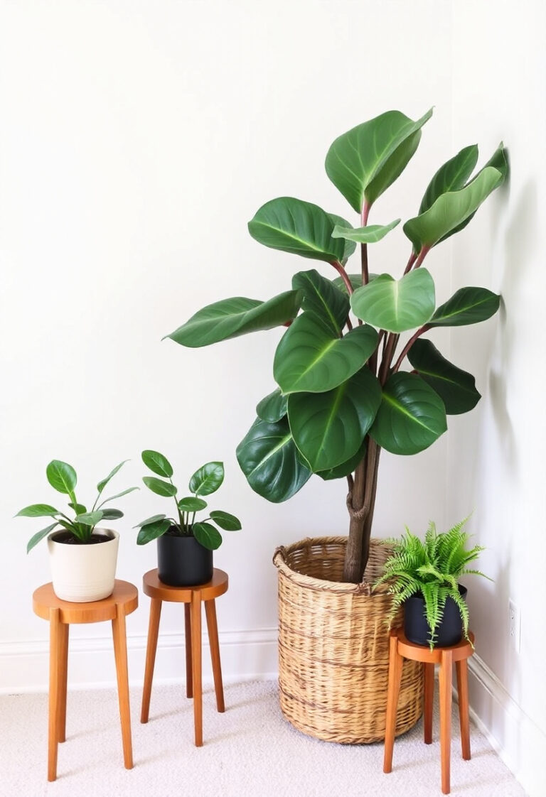 a room corner with a large fiddle leaf fig in a woven basket. Surrounding it are two smaller plants on wooden plant stands.