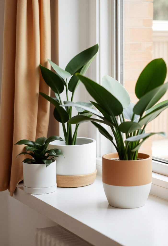 indoor plants sits in a windowsill.