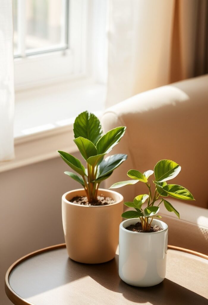 a side table with two small potted plants.