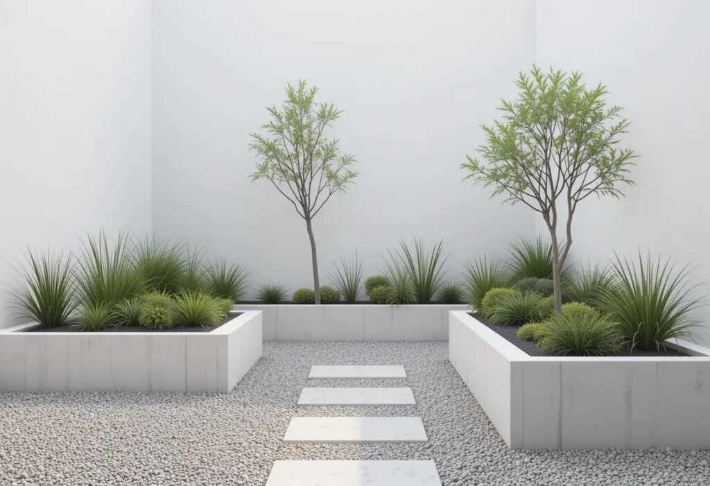 e minimalist garden with clean lines, raised concrete planters, gravel pathways.