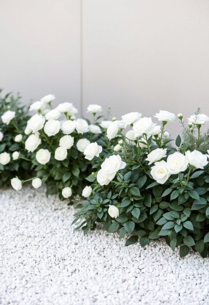 minimalist garden bed featuring white flowering plants.