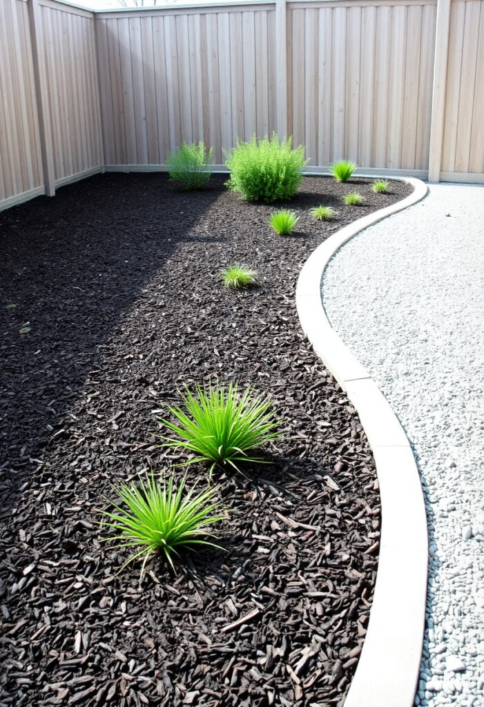 minimalist backyard with planting bed filled with dark brown bark mulch