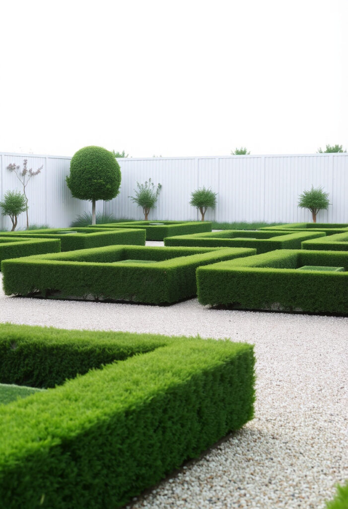 a garden layout with low boxwood hedges.