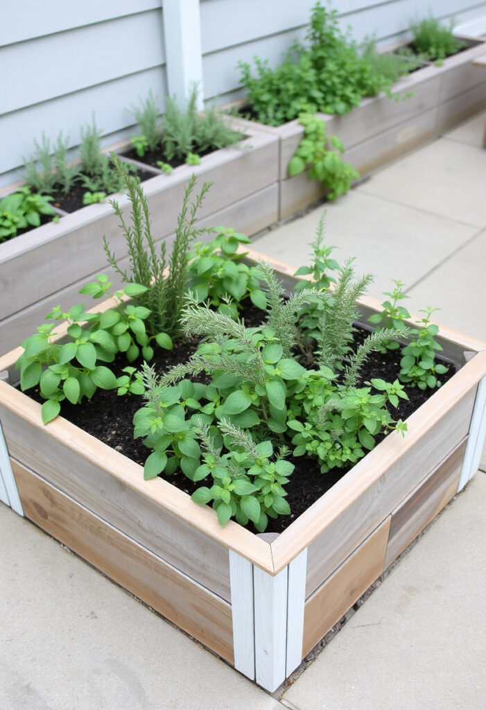 a raised bed set on a patio with concrete flooring.