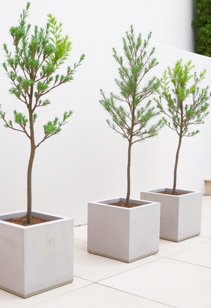 three square concrete planters placed in a row, each containing a single small tree.