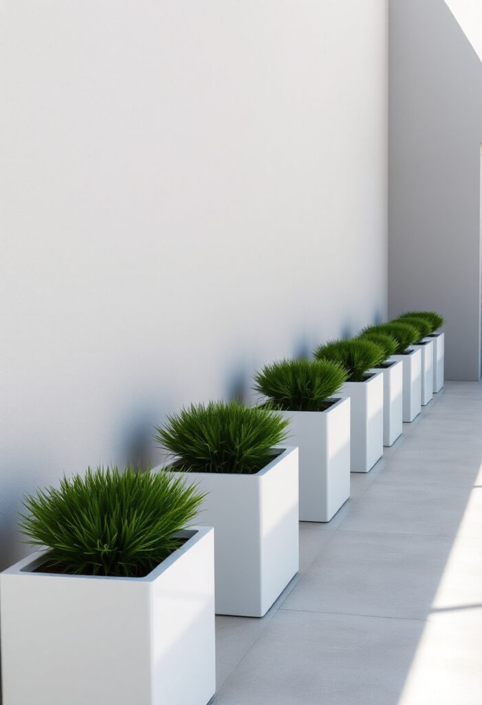 a patio scene showcasing a row of identical modular planters.