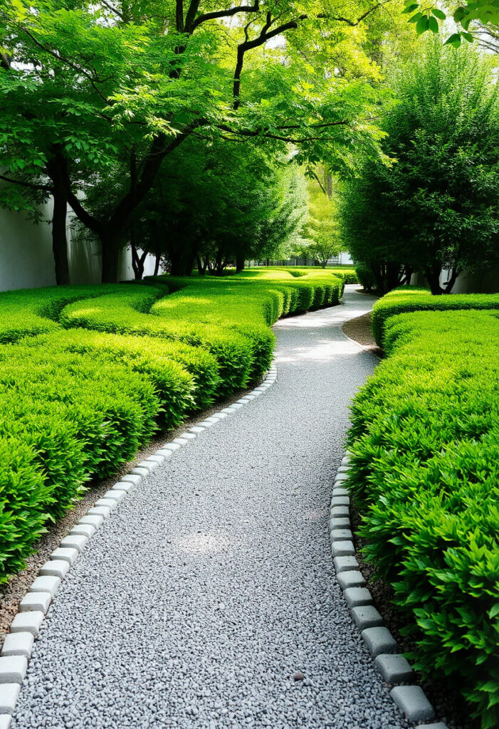 garden with a narrow gray gravel pathway.