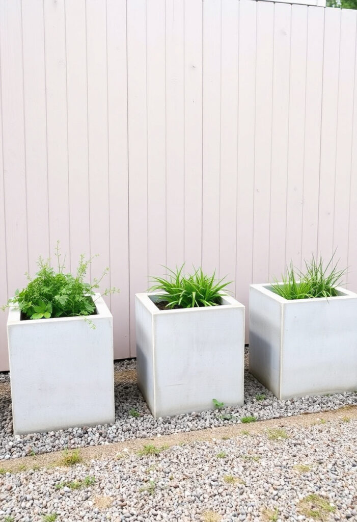 A backyard featuring three raised concrete planter boxes.