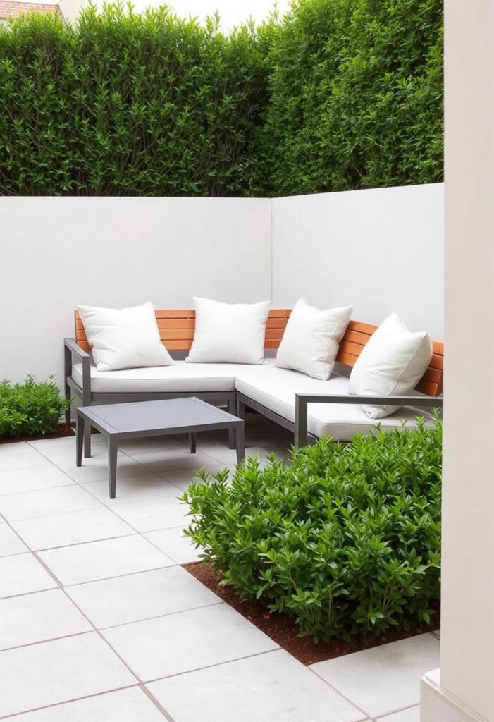 minimalist garden corner with a bench set on a paver patio.