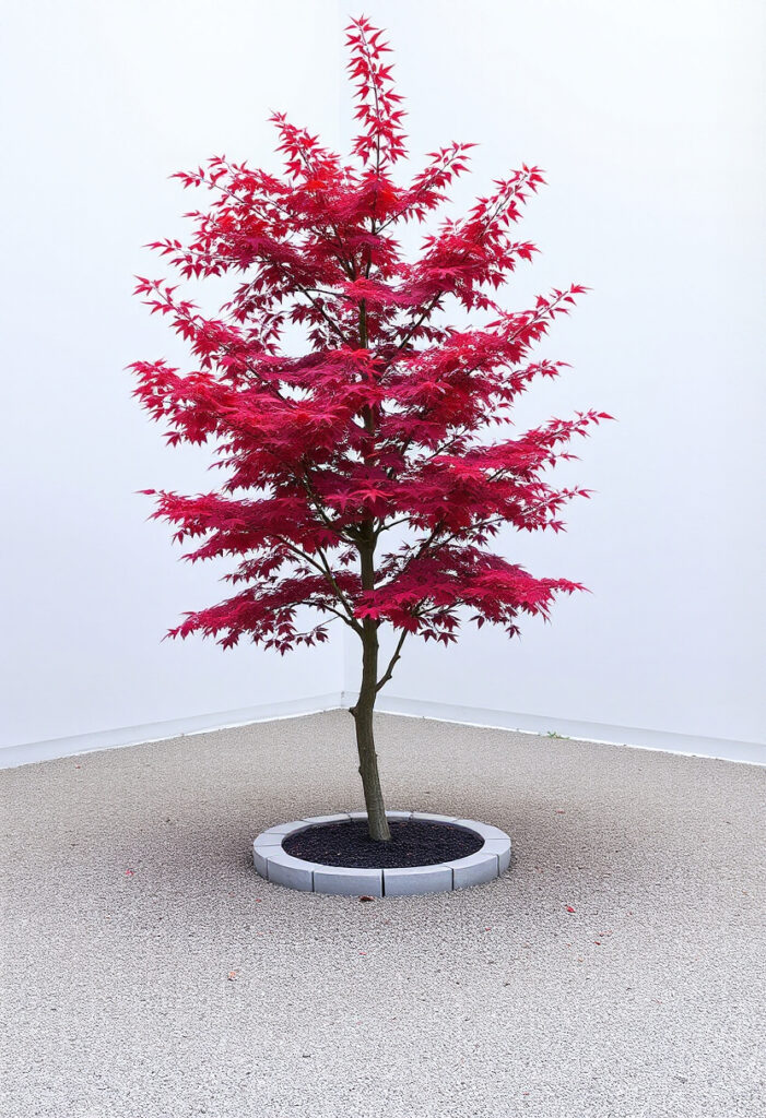 A single Japanese maple with red foliage in a gravel courtyard.