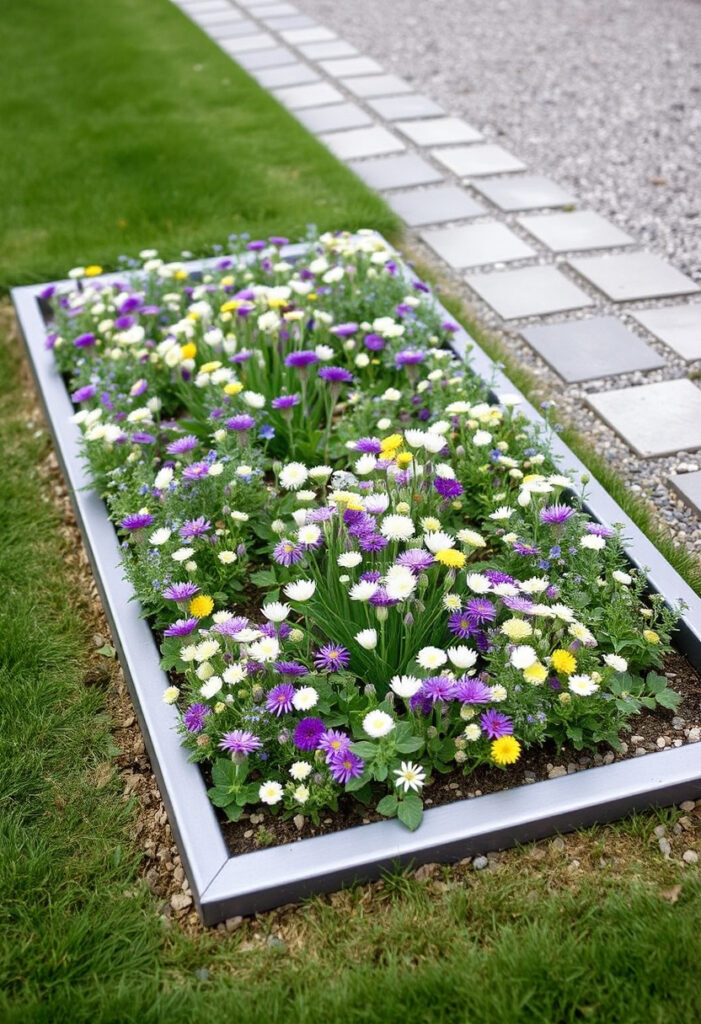 A rectangular patch of wildflowers enclosed by metal edging.