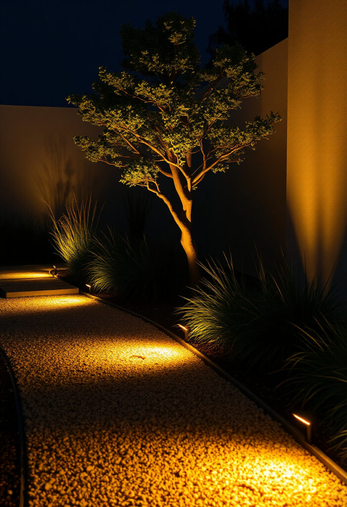 A minimalist garden at night, with LED lighting glowing onto a gravel path.
