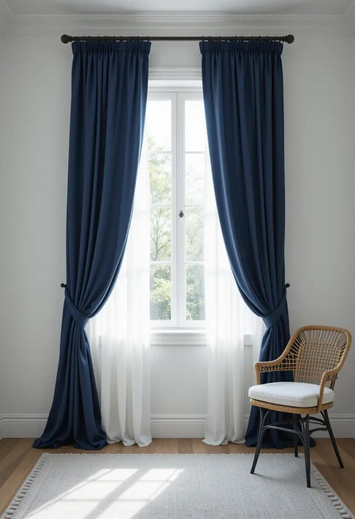 white wall with a simple navy curtains.