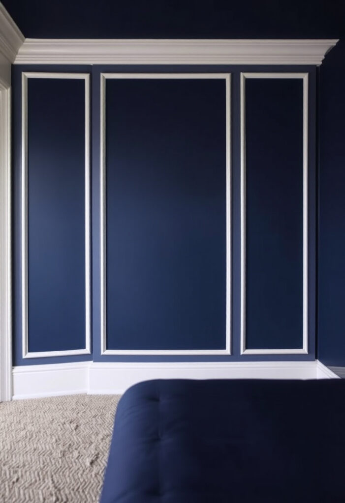 edroom with navy blue wall with crisp white baseboards and molding.