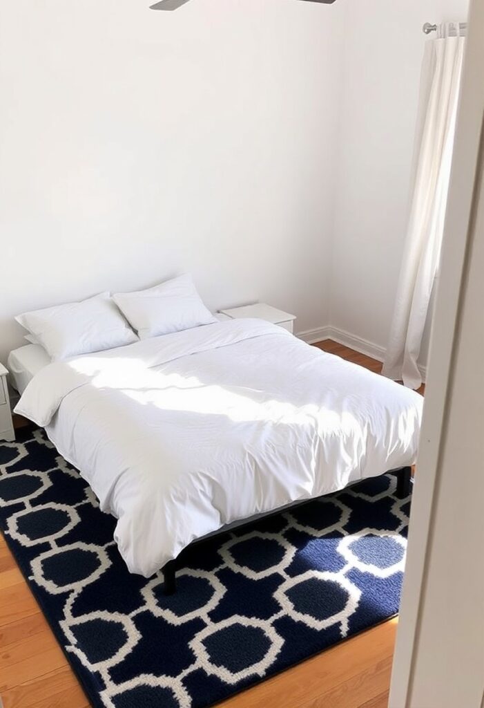 a bedroom with white bedding on top of a navy and white rug