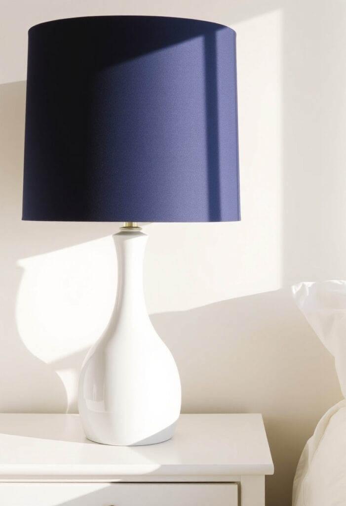 A white bedside table with a white ceramic lamp base topped by a navy blue fabric lampshade.