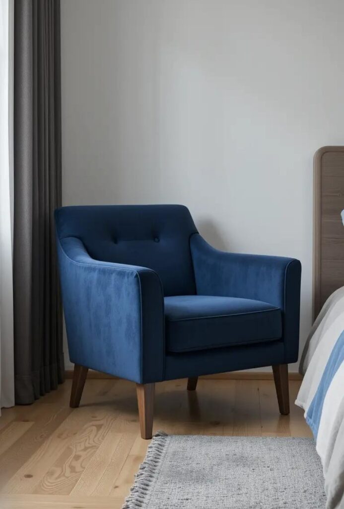 a navy blue modern armchair in a bedroom.