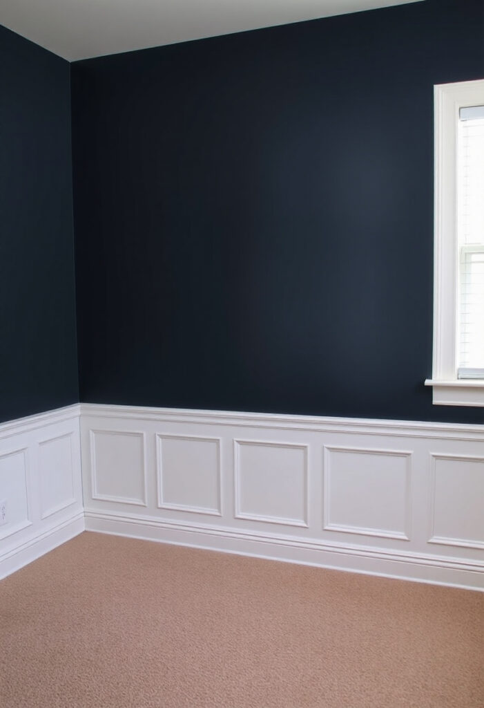 A bedroom wall featuring white wainscoting on the lower half and solid navy blue paint on the upper half.