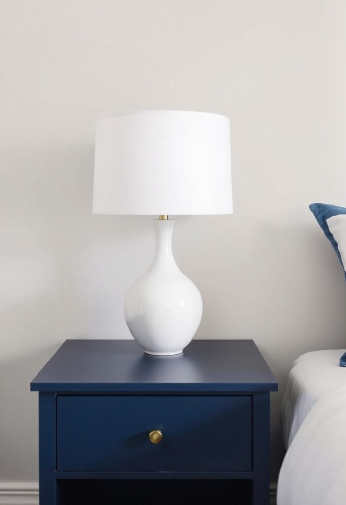 A navy blue nightstand with a white ceramic table lamp.