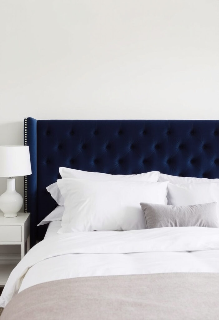 a bedroom with a deep navy velvet tufted headboard against a soft white wall.